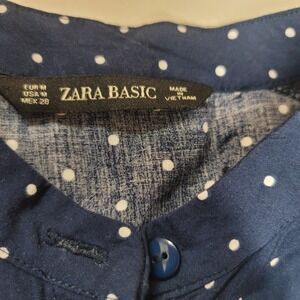 Zara Basic Womens Navy Blue Polka Dot‎ Long Sleeve Lace Trim Dress